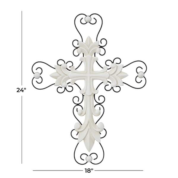 Wood Carved Cross Biblical Wall Decor with Metal Scrollwork - Brown or ...
