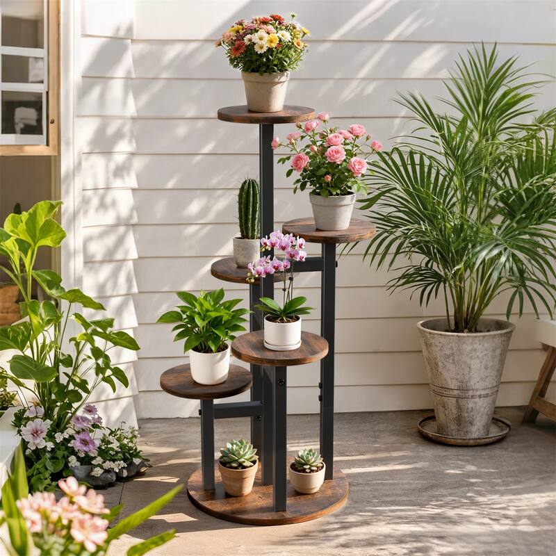 Corner 5 Tier Tall Plant Flower Stand with Round Shelves Flowers Organizer Rack for Indoor Outdoor - 12.99x32.68 in - 12.99x32.68 in