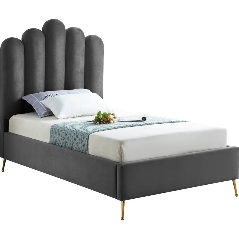 Velvet Platform Bed - Upholstered Bed with Tufted Headboard & Gold Legs