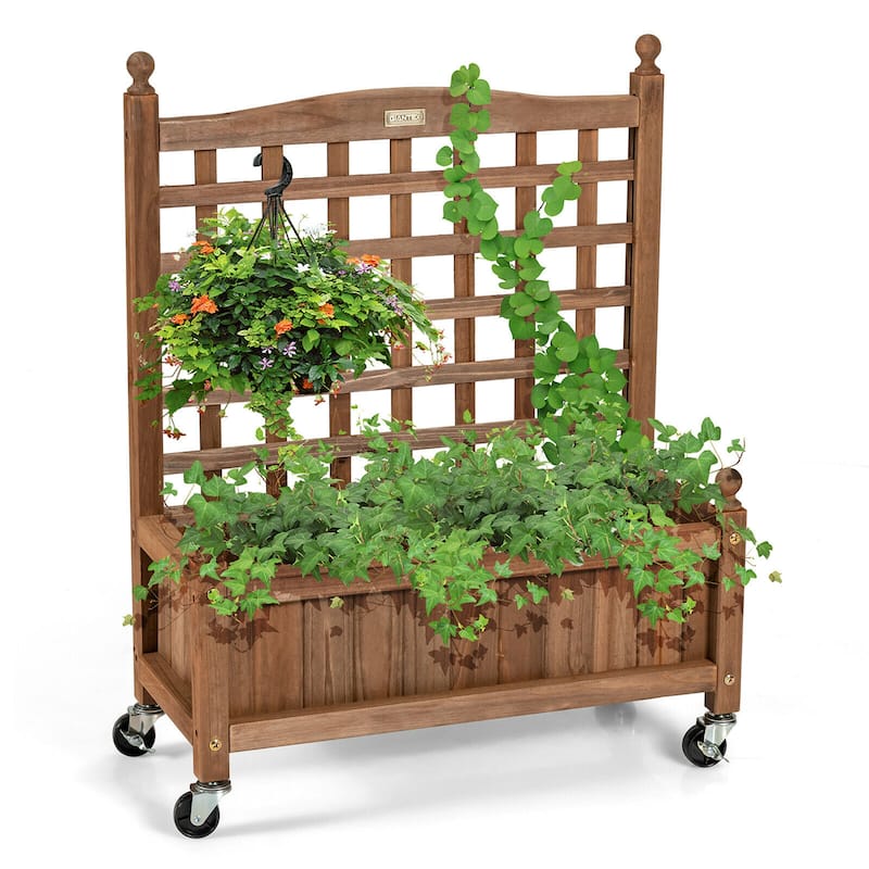 Gymax 32in Wood Planter Box w/Trellis Mobile Raised Bed for Climbing - 25'' x 11'' x 32.5''