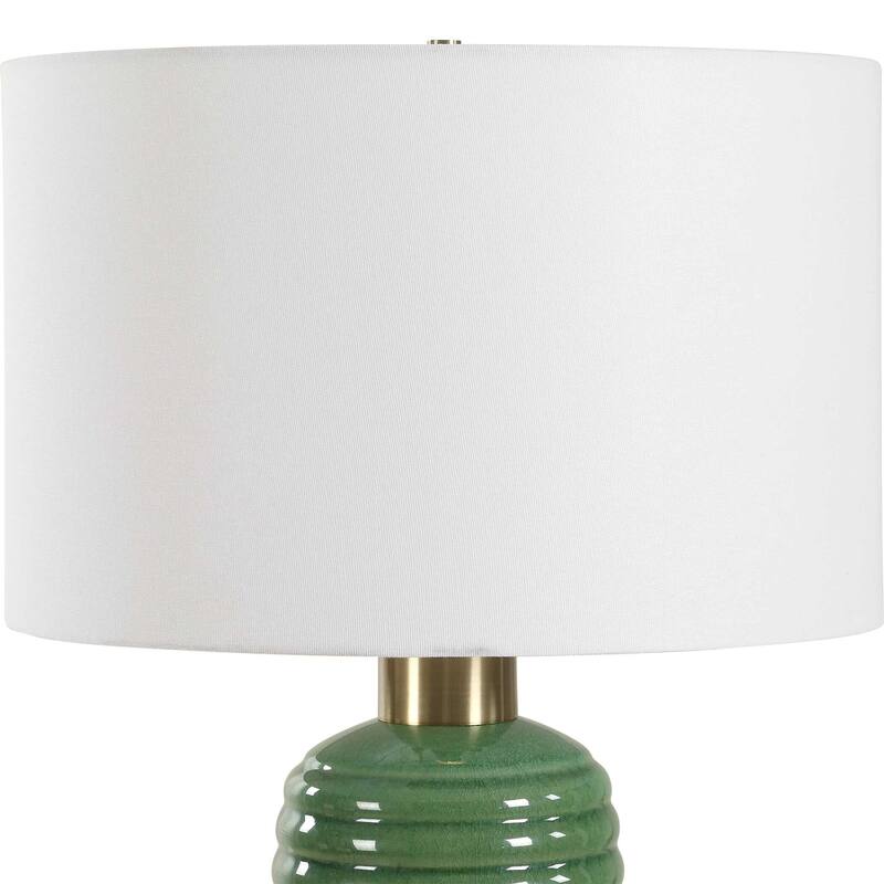 Table Lamp, Off White Linen Shade, 27 Inch Olive Green Ribbed Ceramic