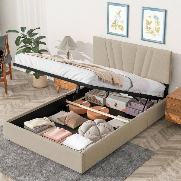 slide 2 of 7, Beige Queen Upholstered Platform Bed with Lifting Storage and Tufted Headboard Light beige - Queen