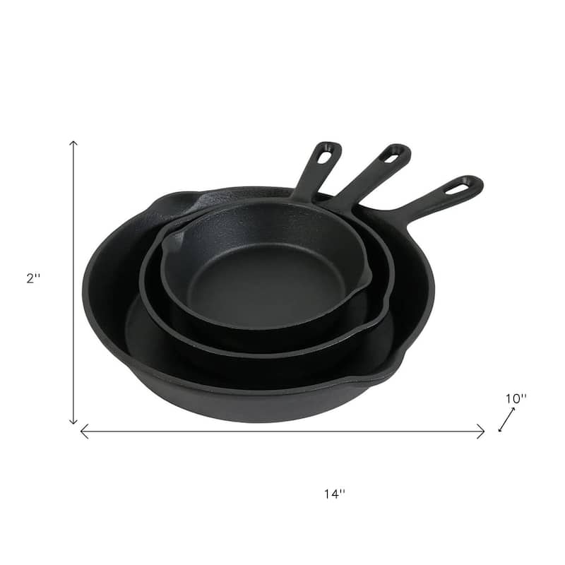 HomeRoots Set of Three Black Cast Iron Frying Pans - 14.00 in. x 2.00 in. x 10.00 in.