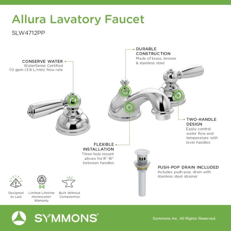Symmons SLW4712PP Allura 1.0 GPM Widespread Bathroom Faucet with Push
