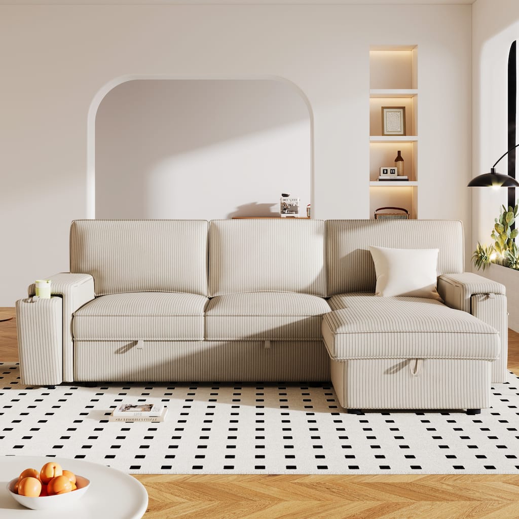Modern Upholstery Sleeper Sectional Sofa with Storage Bags and 2 cup holders on Arms for Living Room or Guest Room
