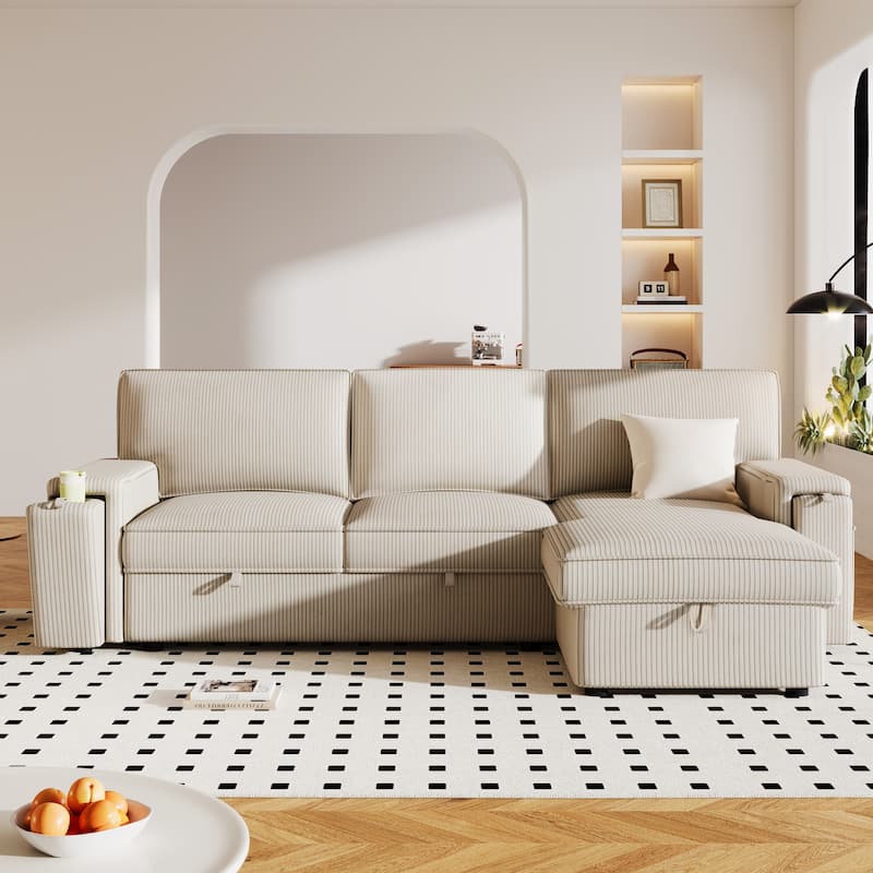 Upholstery Sleeper Sectional L Shaped Sofa Couch with Storage Bags and Hidden Cup Holders, for Living Room, Apartment