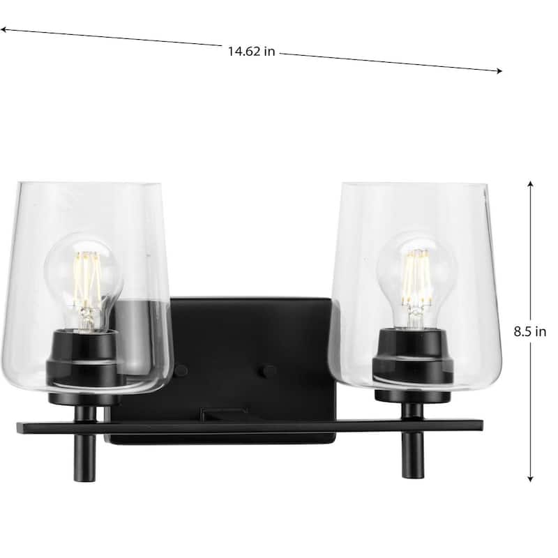 Calais Collection Two-Light Matte Black Clear Glass Bath Vanity Light - 14.62 in x 6.5 in x 8.5 in