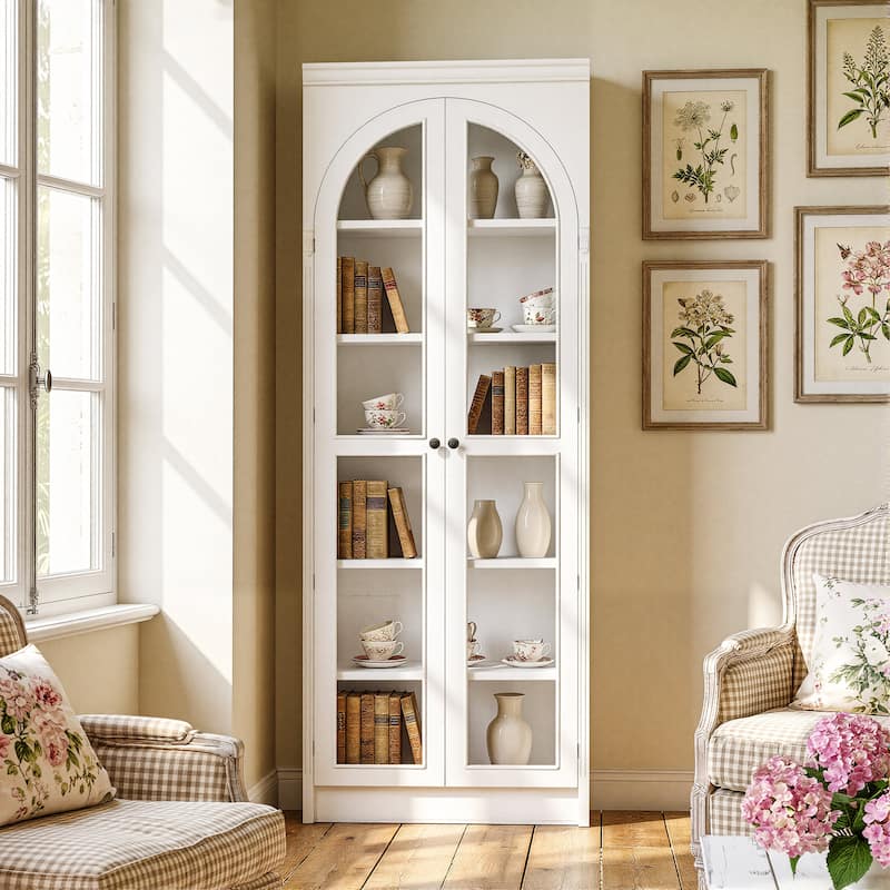 Modular White Bookcase with LED Lights & Glass Doors, 86.6" Tall Arched Display Cabinet Solid WoodStorage Cabinet
