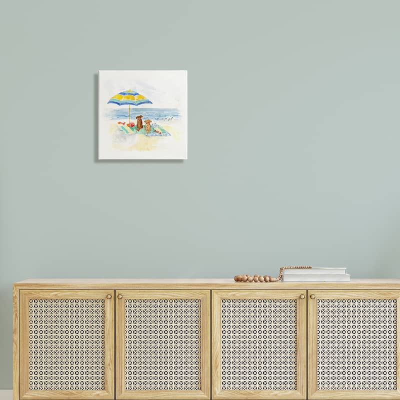 Stupell Cute Playful Dogs Relaxing Beach Umbrella Shoreline Painting Canvas Wall Art