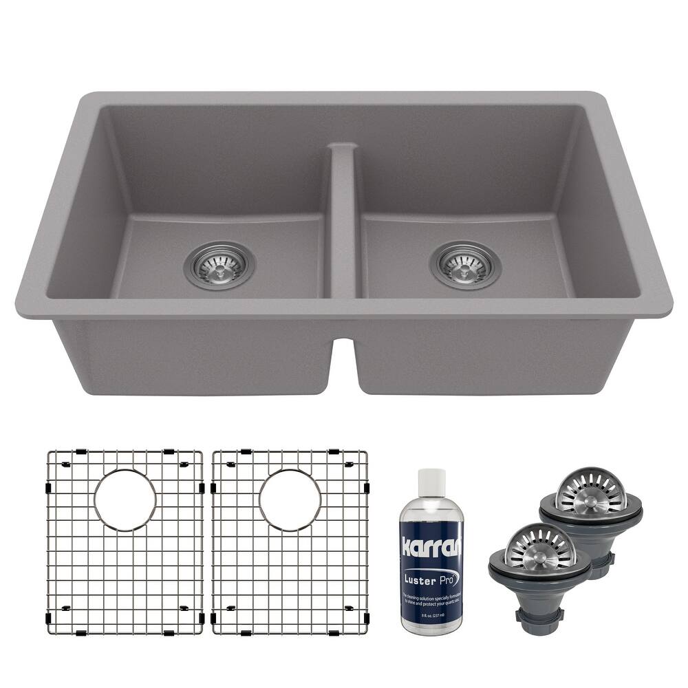 Karran 32" Undermount Double Equal Bowl Quartz Kitchen Sink Kit - 32" x 19.5" x 9"