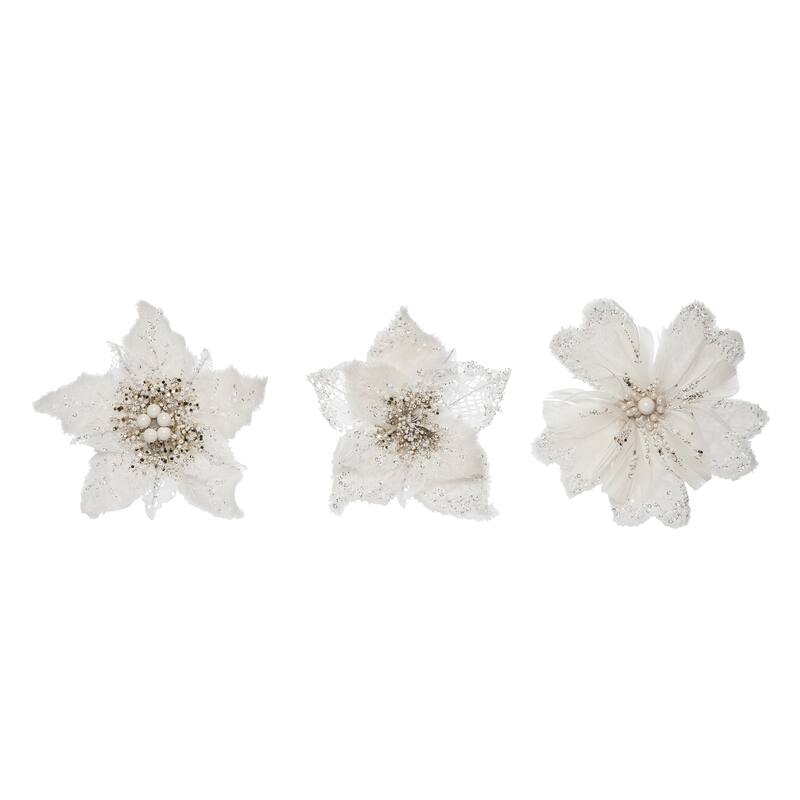 Transpac Polyester 5.91 in. White Christmas Poinsettia Accent Floral Set of 3