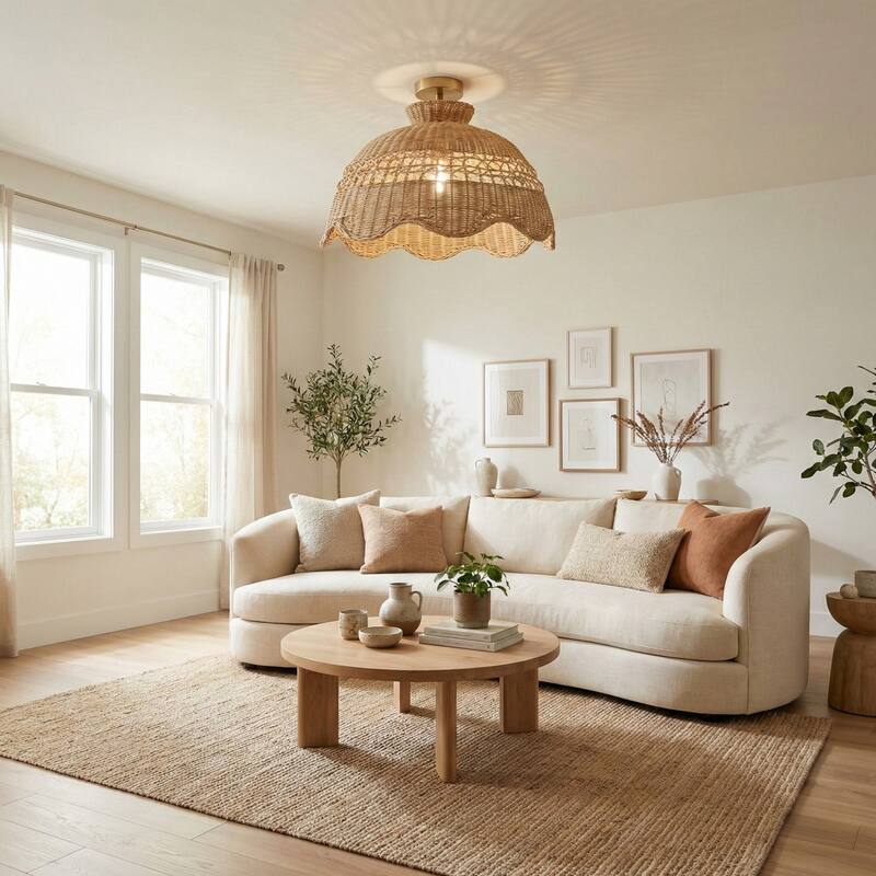 Le Perle Rattan Flush Mount Rattan Natural Handwoven Ceiling Light for Bedroom or Hallway in Farmhouse, Boho, Country Style