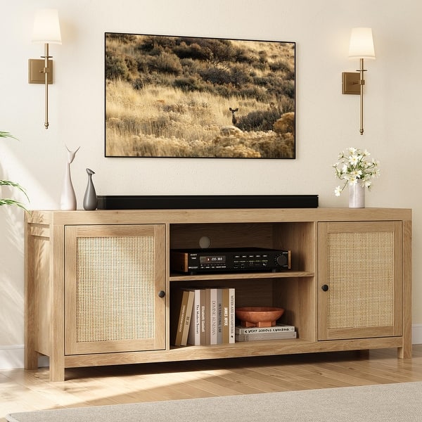 TV Stand for 75 Inch TV, Rattan Entertainment Center with Storage, Wood TV & Media Console