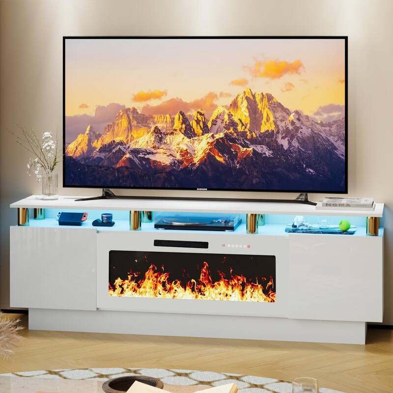 BOSSIN 70" Modern Electric Fireplace TV Stand, with Electronic Flame and LED Lights, High Gloss Finish Entertainment Center