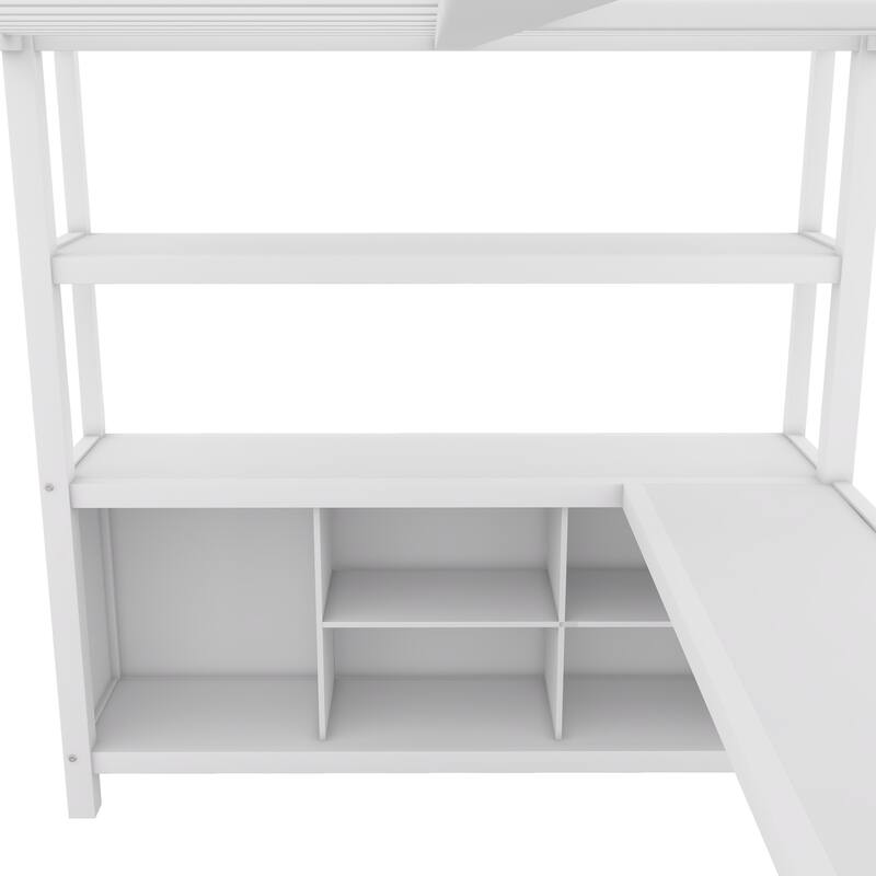 Full Size Metal Loft Bed with Wardrobe, L-shaped Desk, and Storage Cubes