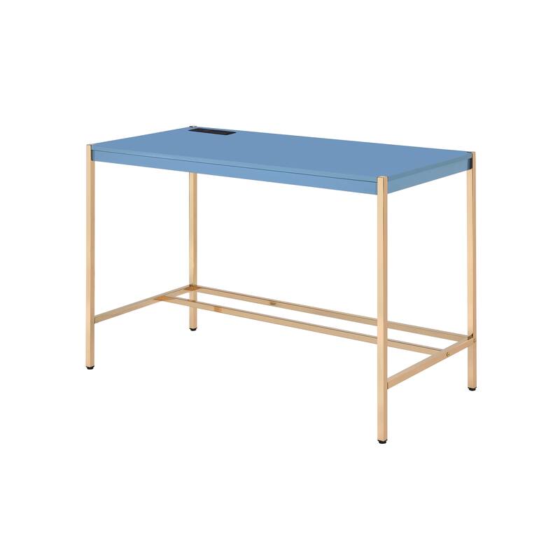 Contemporary Writing Desk with USB Charging Port, High Gloss Finish and Metal Base for Home Office or Study
