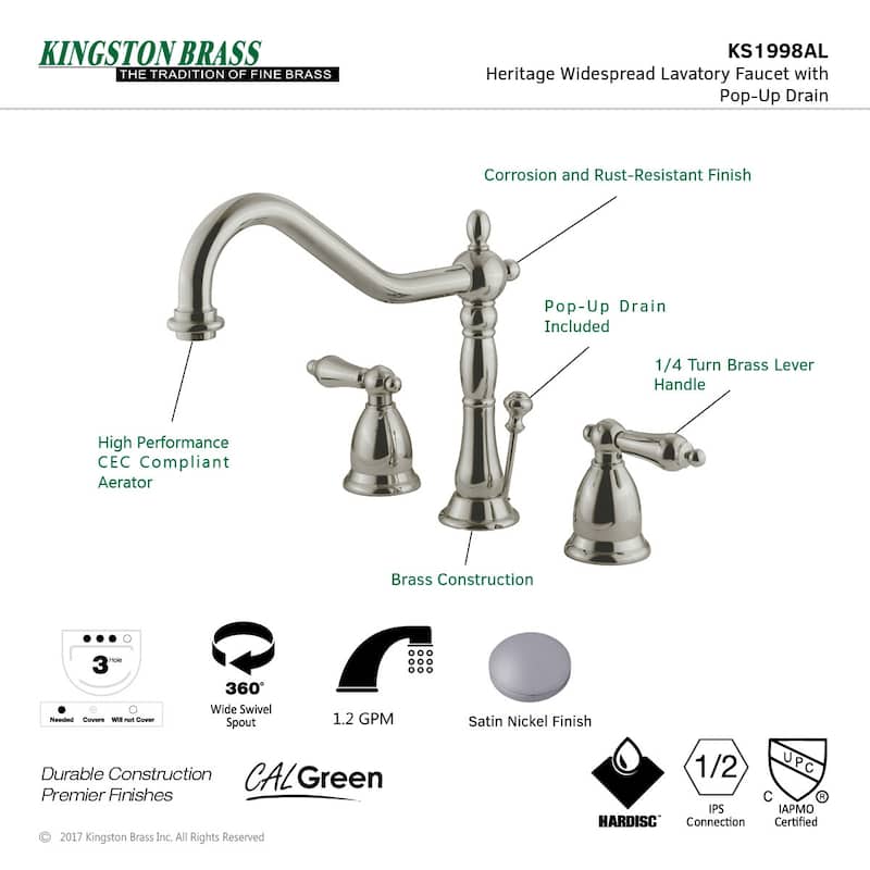Kingston Brass Heritage Widespread Bathroom Faucet with Brass Pop-Up