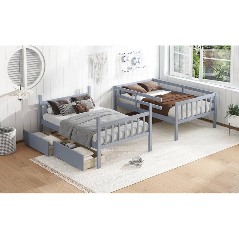 Roomfitters Twin Over Twin Rubber Wood Bunk Bed with Underbed Storage, Convertible to 2 Twin Beds, Ladder & Guardrails