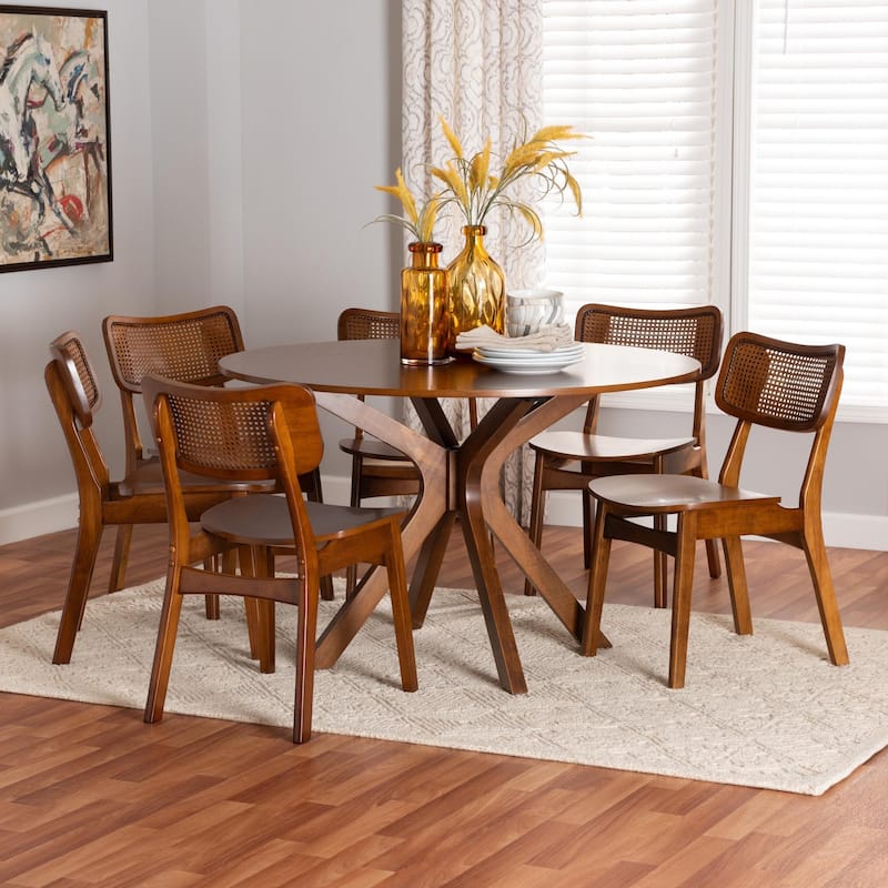 Linnet Mid-Century Modern Wood and Rattan 7-Piece Dining Set