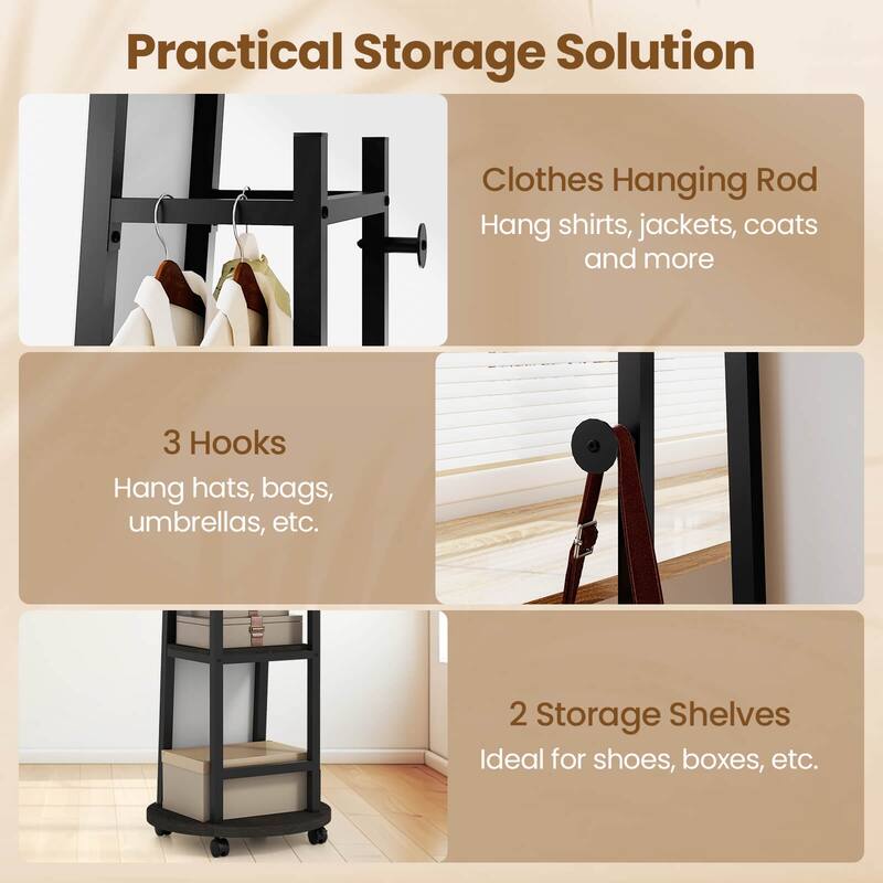Costway Coat Rack with Full Length Mirror, 3 Hooks & Storage Shelves, - See Details