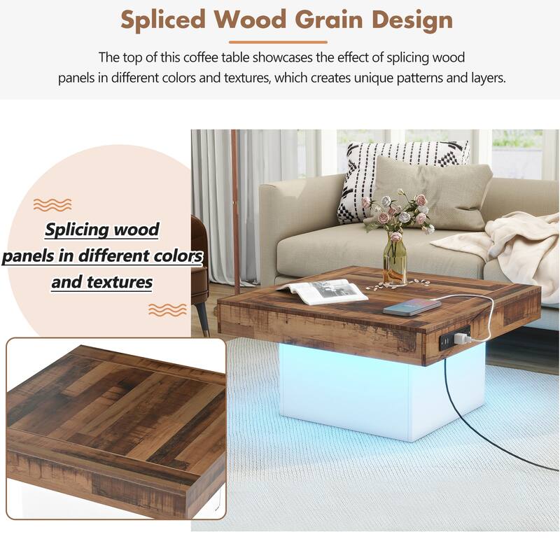 Farmhouse Coffee Table with 2 USB Ports, Outlets, Brown Spliced Wood Grain Center Table LED Square Cocktail Table