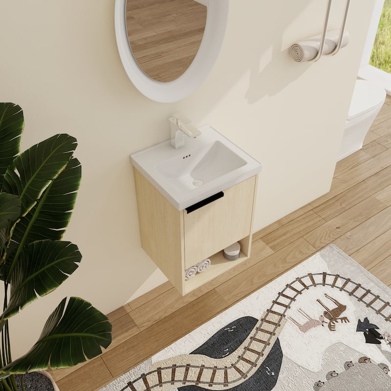 Malwee 16"/20" Floating Bathroom Vanity, Mini Wall Mounted Bathroom Vanity with Ceramic Sink and Soft Close Door