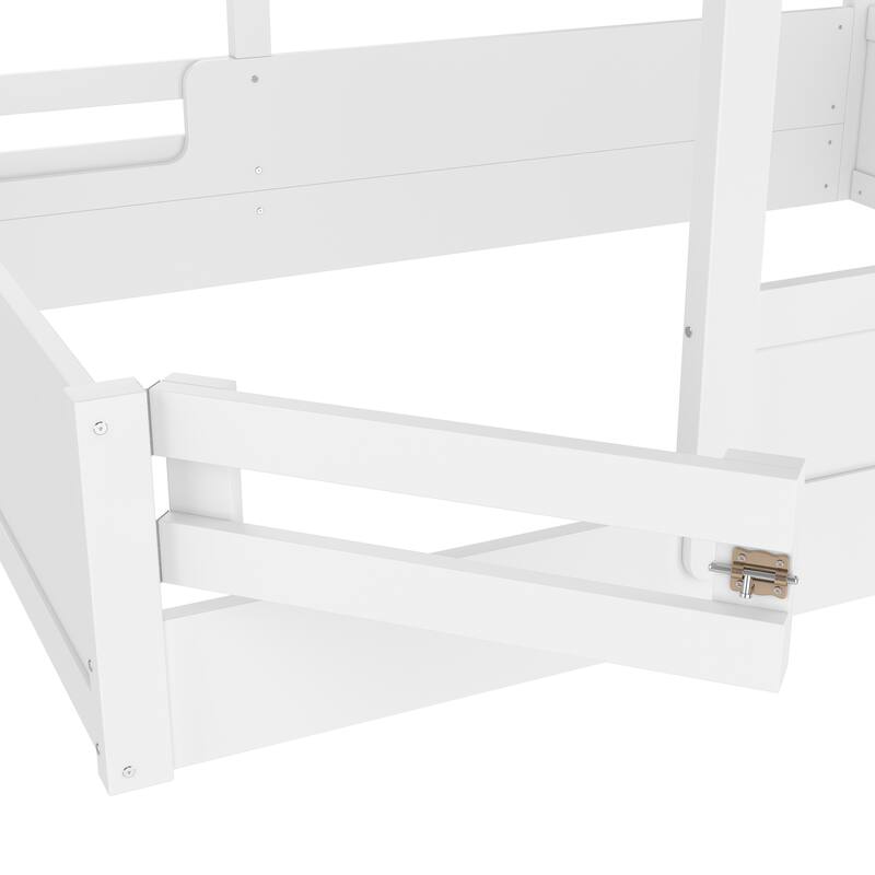 Full Size Floor Bed with Guardrails and Roof, Kids House Floor Bed with a Small Built-in Tray and Free-installed Signboard