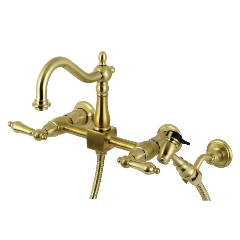 Kingston Brass Heritage Wall Mount Bridge Kitchen Faucet with Brass Sprayer