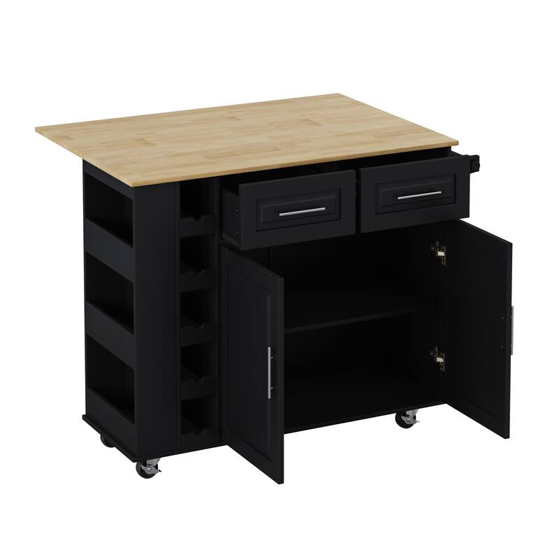 White Kitchen Island Cart with Wine Rack, 2 Cabinets, 2 Drawers, Spice & Towel Racks, Foldable Rubberwood Top, Rolling Cart