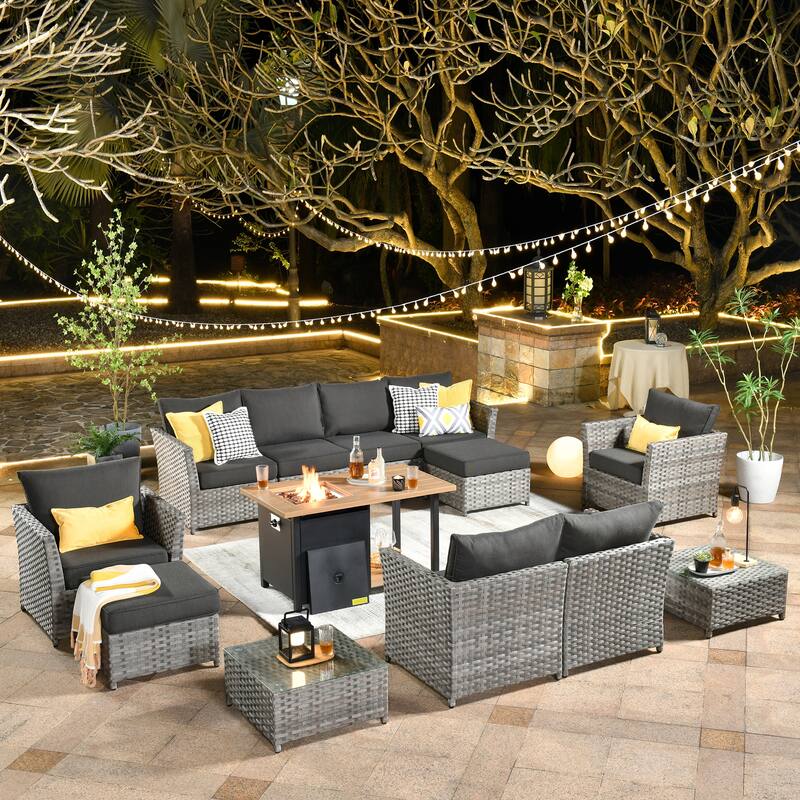 HOOOWOOO 13-piece Grey Wicker Rattan Patio Outdoor Sectional Set with Fire Pit - Black