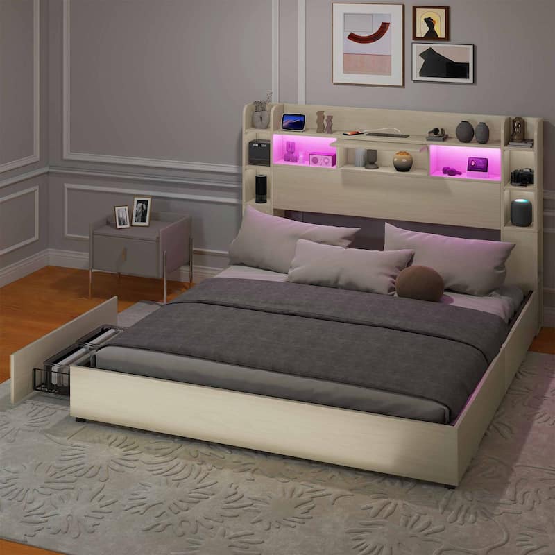 Queen/King Size LED Bed Frame with Bookcase Headboard, 4 Storage Drawers and Charging Station