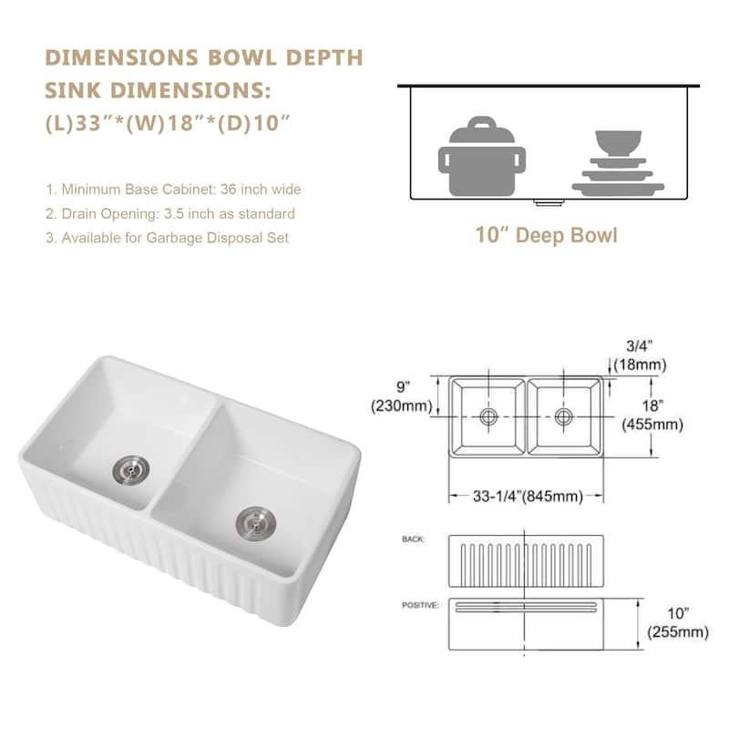 Kichae 33 Inch Ceramic Sink Undermount Double Bowl Low Divider Farmhouse White Kitchen Sink - 33 in.W x 18 in.D x 10 in.H