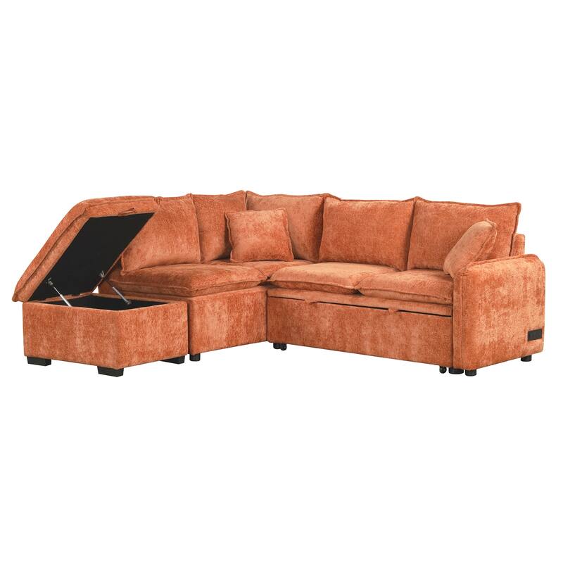 82.67" L-Shaped Sofa Bed with Storage Ottoman, USB, Power Ports, 2 Pillows