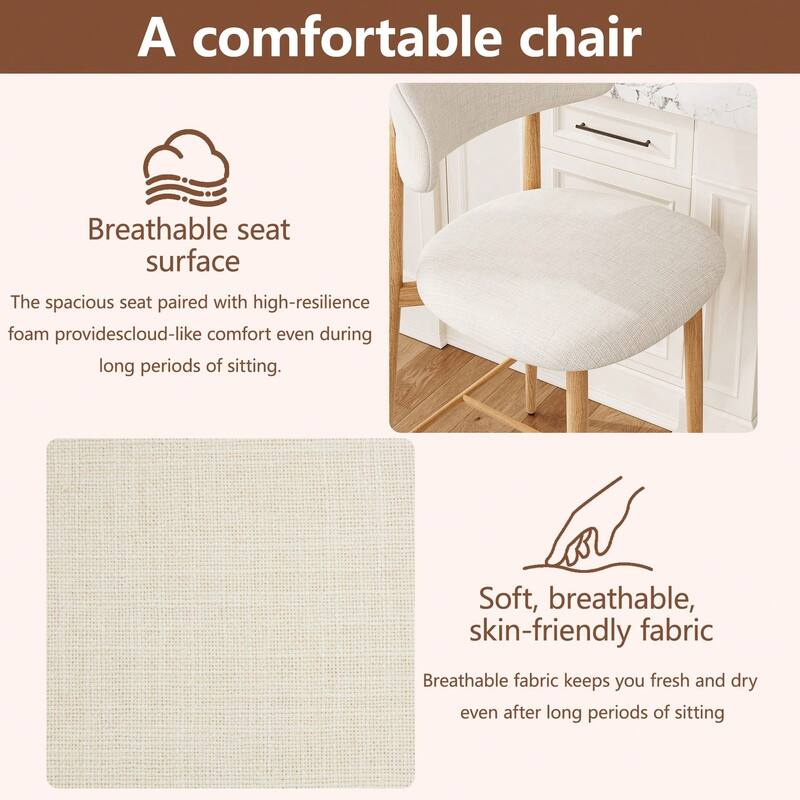 Set of 2 Beige Counter Height Bar Stools, Modern Upholstered Counter Stools with Metal Legs for Kitchen Island Dining Room