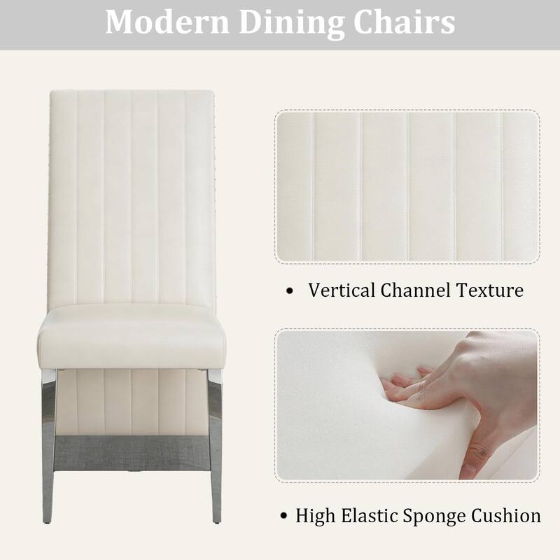 White PU Leather Dining Chairs with Nail Head Trims and Mirrored Silver Metal Legs