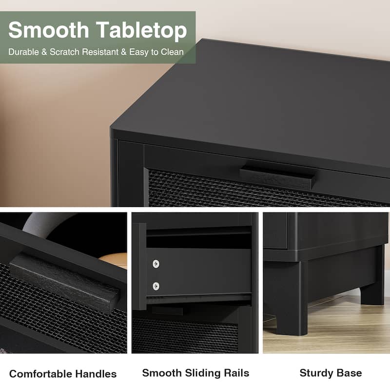 Anmytek Modern Black Wood Rattan Nightstand Bedside Table Side Table with 3 Drawers for Bedroom