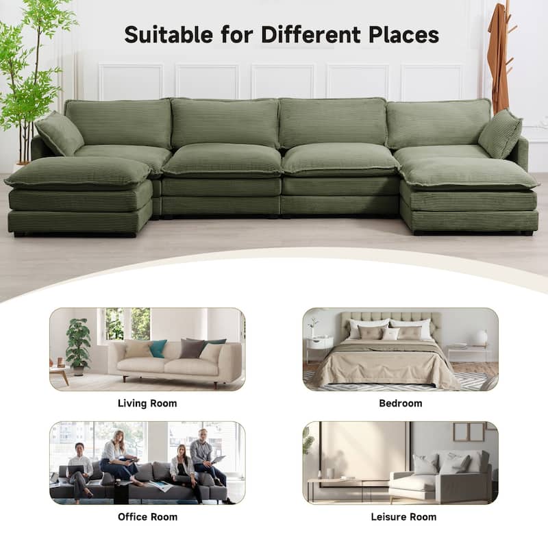 Corduroy Sectional Sofa with Removable Ottomans & Ultra-soft Cushions for Living Room & Bedroom