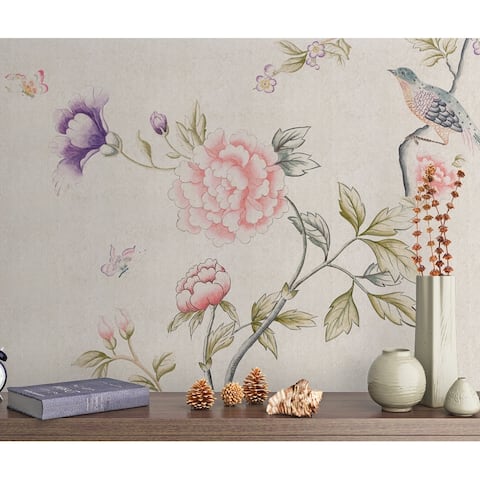 Vintage Floral Pink Blossom Colorful Asiatic Removable Textile Wallpaper