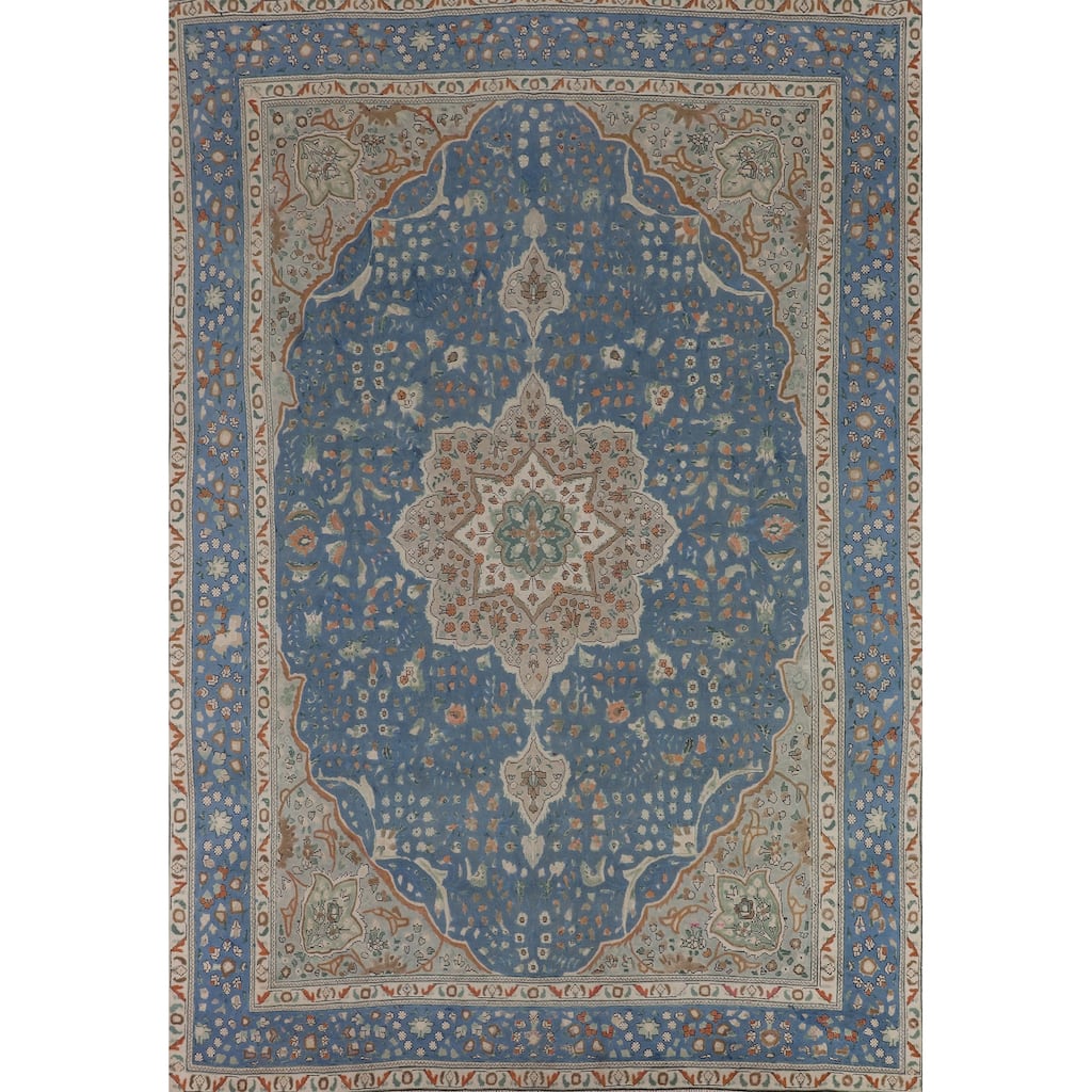 Hand Knotted Oriental 100% Wool Carpet Traditional Floral Navy Blue & Blues Tabriz Area Rug - 12' 5'' X 9' 3''
