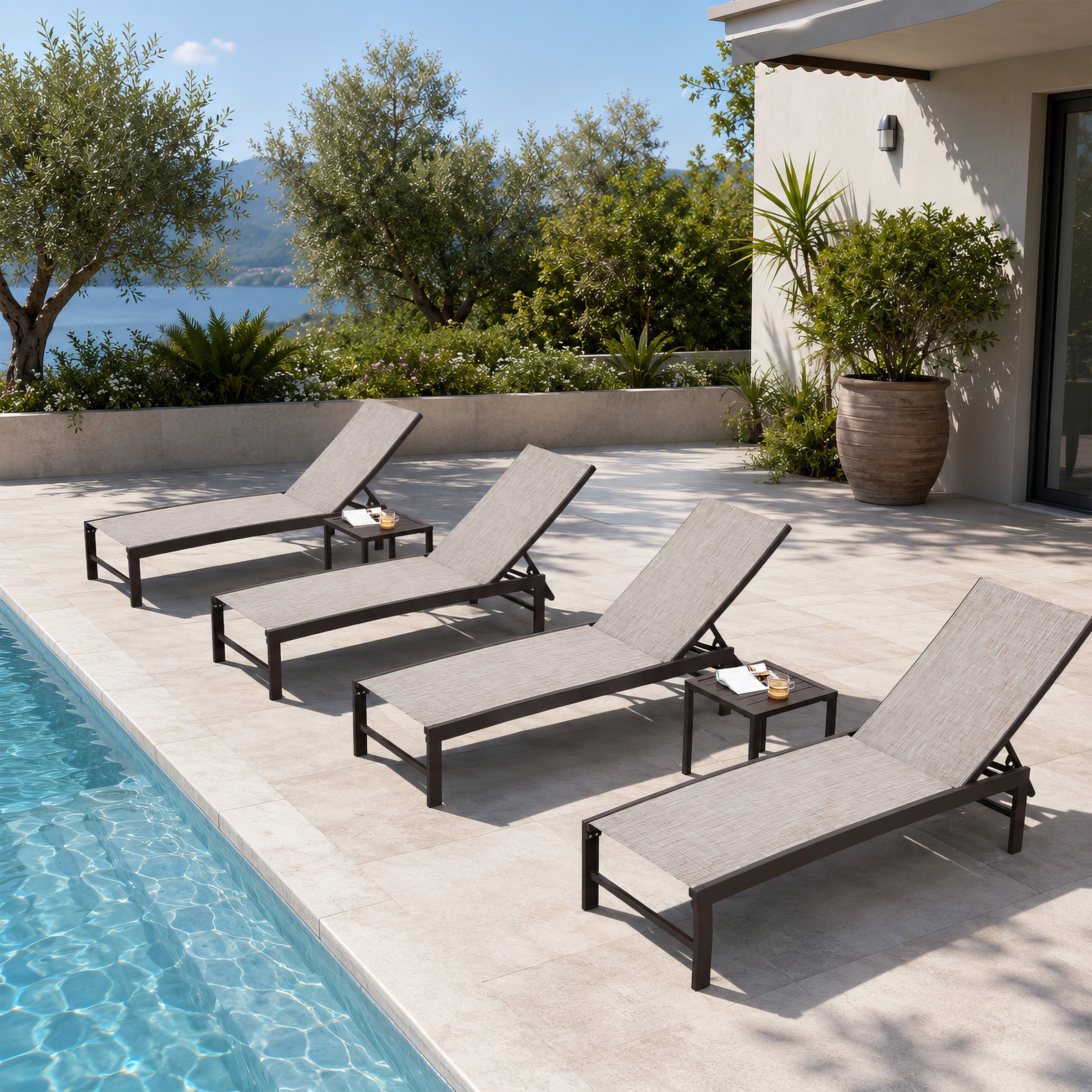 Outdoor All-Weather Chaise Lounge Chairs and Side Table, Sun Lounger with Adjustable Backrest