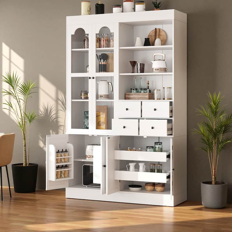 75" Freestanding Kitchen Pantry Buffet with Hutch, 4 Drawers, Glass Doors, Adjustable Shelves and Pull-Out Trays