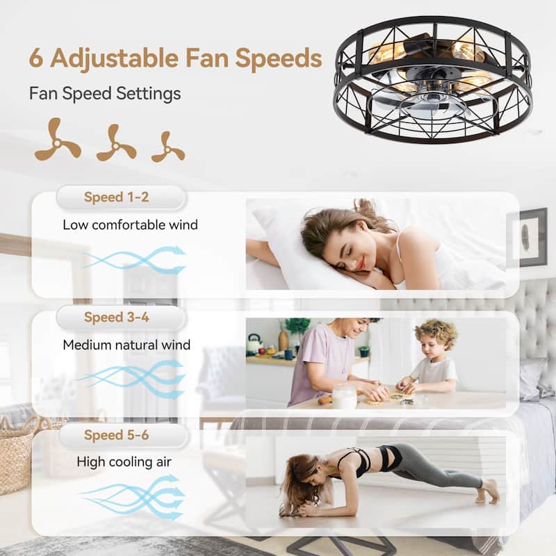 20" 7-Blade Matte Black Flush Mount Caged Ceiling Fan with Light and Remote