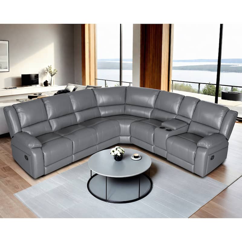 129''W Faux Leather 6-Seat Large Manual Reclining Sectional Sofa - Grey(6St+1Console)
