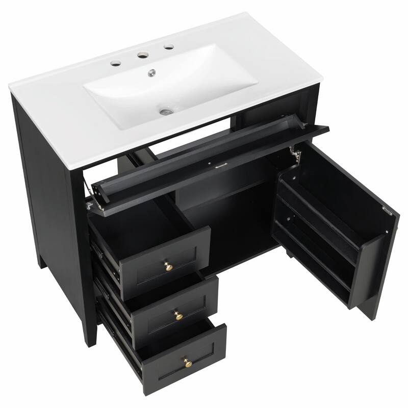 Bathroom Vanity with Sink, Modern MDF and Rubberwood Cabinet with 3 Drawers and Adjustable Shelf