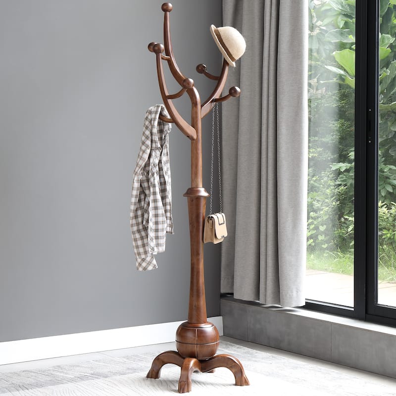 Tree-branch Rubberwood Freestanding Coat Rack with 8 Hooks - 24.5"W x 70.87"H - Dark Brown