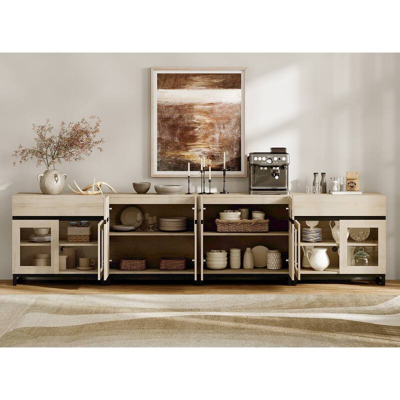Modern TV Stand for 120" TVs, 4-in-1 Console with Glass Doors & 2 Drawers
