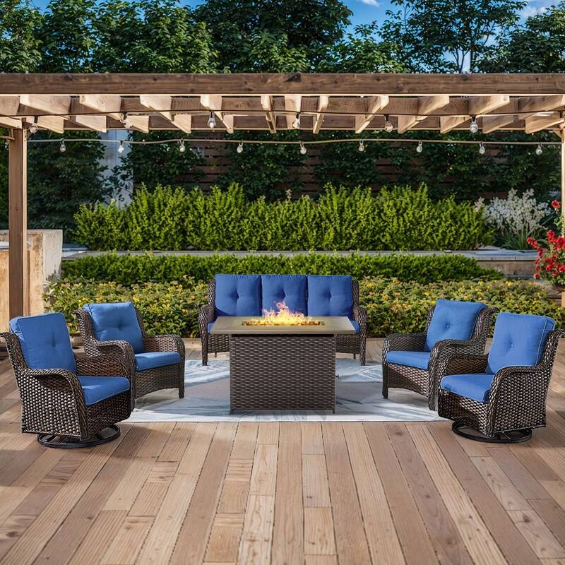 Gymojoy 6-Piece Outdoor Wicker Patio Furniture with Fire Pit, Rattan Coversation Set with Water Resistant Thick Cushions