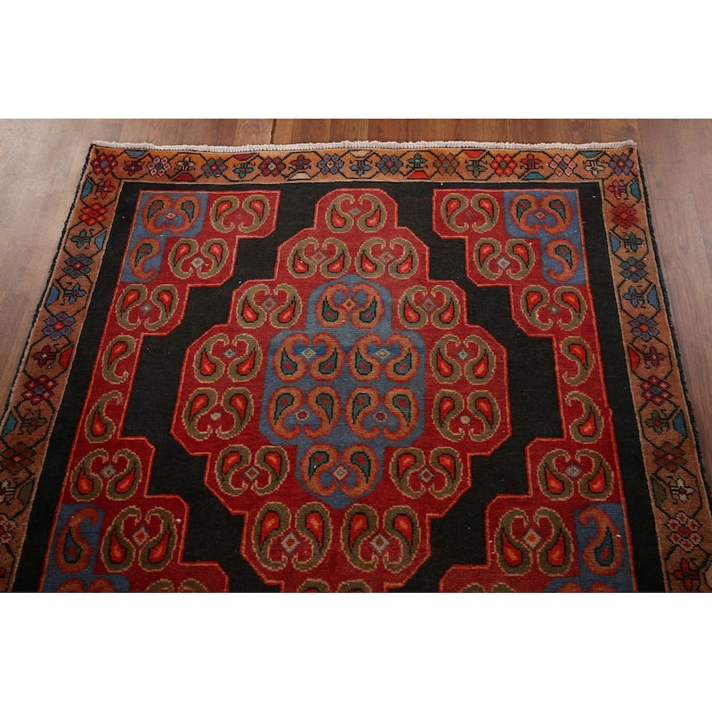 Black & Red Hamedan Persian Vintage Runner Rug Handmade Wool Carpet - 3'9" x 9'4"