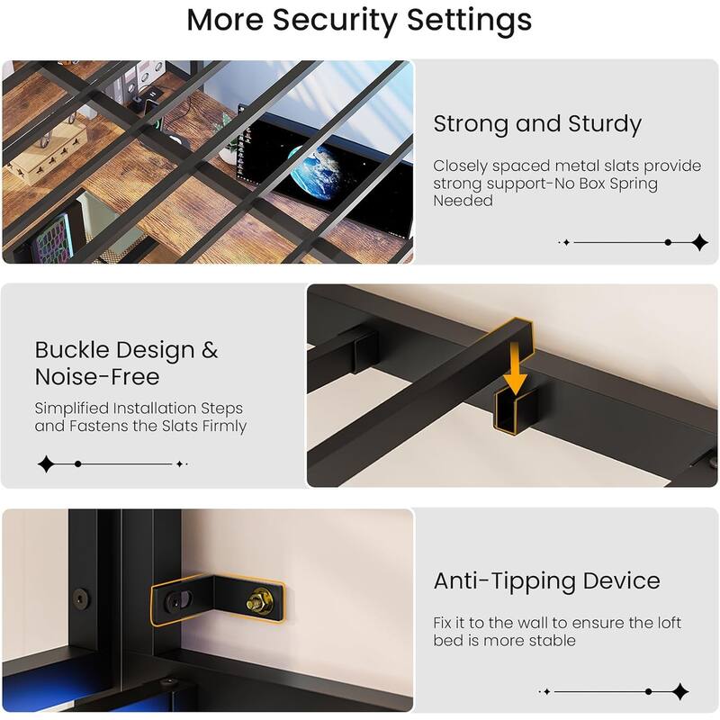 Loft Bed with L-Shaped Desk Charging Station Metal LED Lights 3 Fabric Drawers