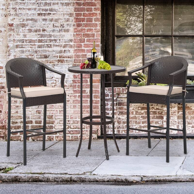3-Piece Outdoor Wicker Patio Bar Stools with Table Set - Beige